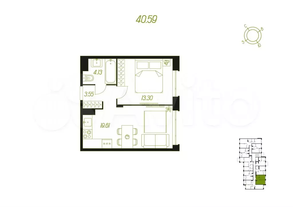 1-к. квартира, 40,6 м, 6/9 эт. - Фото 1