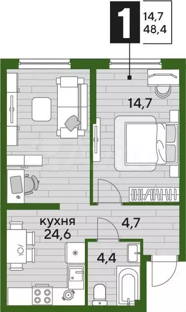 1-к. квартира, 48,4 м, 2/16 эт. - Фото 1