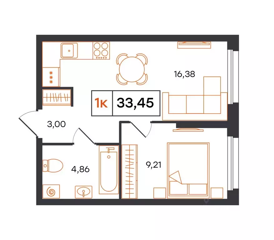 1-к кв. Тюменская область, Тюмень Полевая ул., 117к12 (33.45 м) - Фото 1