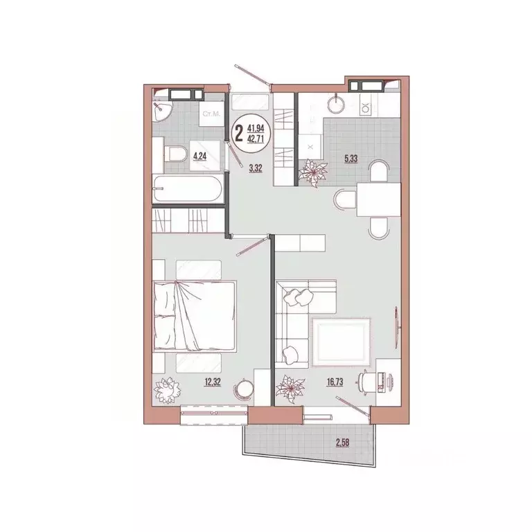 2-к кв. Приморский край, Владивосток ул. Адмирала Юмашева (42.71 м) - Фото 1