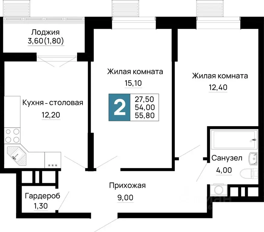 2-к кв. Адыгея, Тахтамукайский район, Яблоновский пгт  (55.8 м) - Фото 1