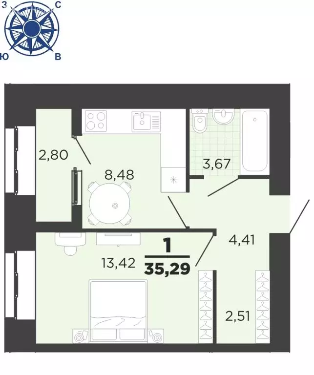1-комнатная квартира: район Семчино, Семчинская улица, 8 (35.29 м) - Фото 0