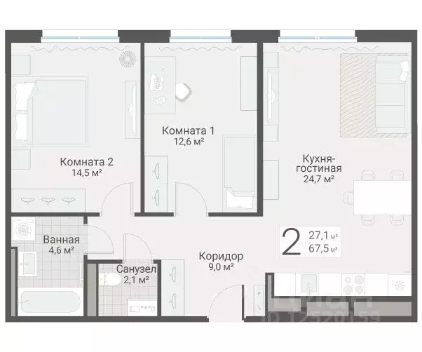 2-к кв. Санкт-Петербург Актерский проезд, 2к2 (67.5 м) - Фото 1