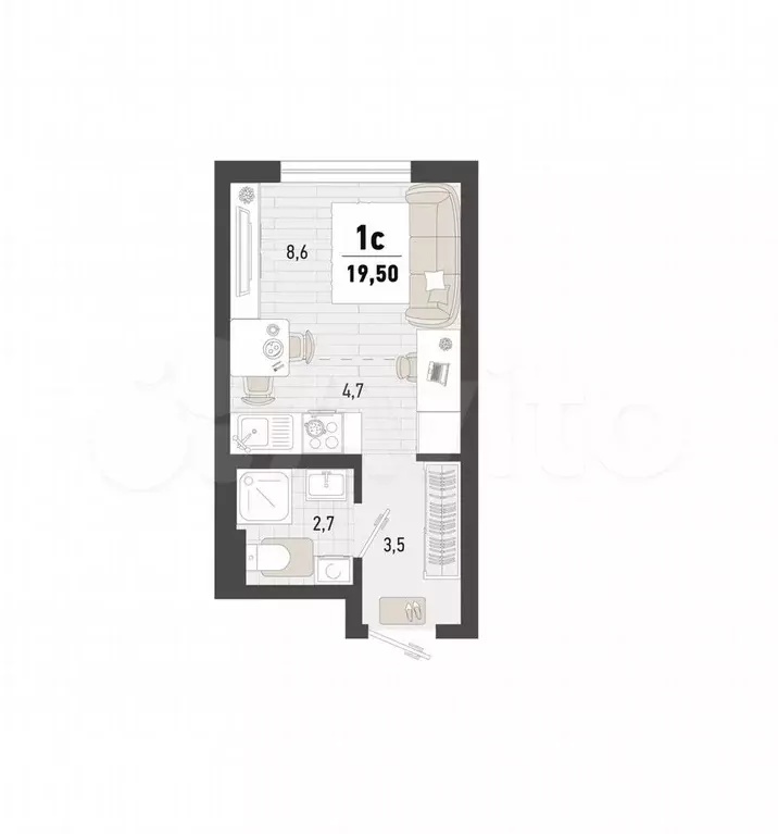 Квартира-студия, 19,5 м, 2/15 эт. - Фото 0