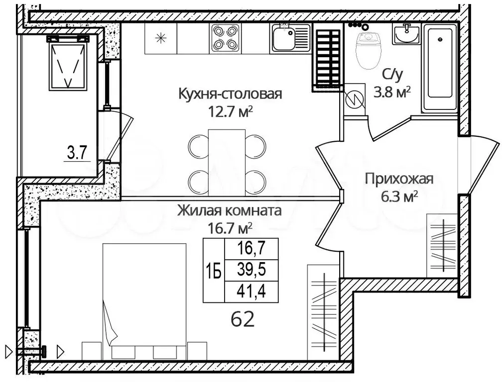 1-к. квартира, 41,4 м, 9/16 эт. - Фото 0