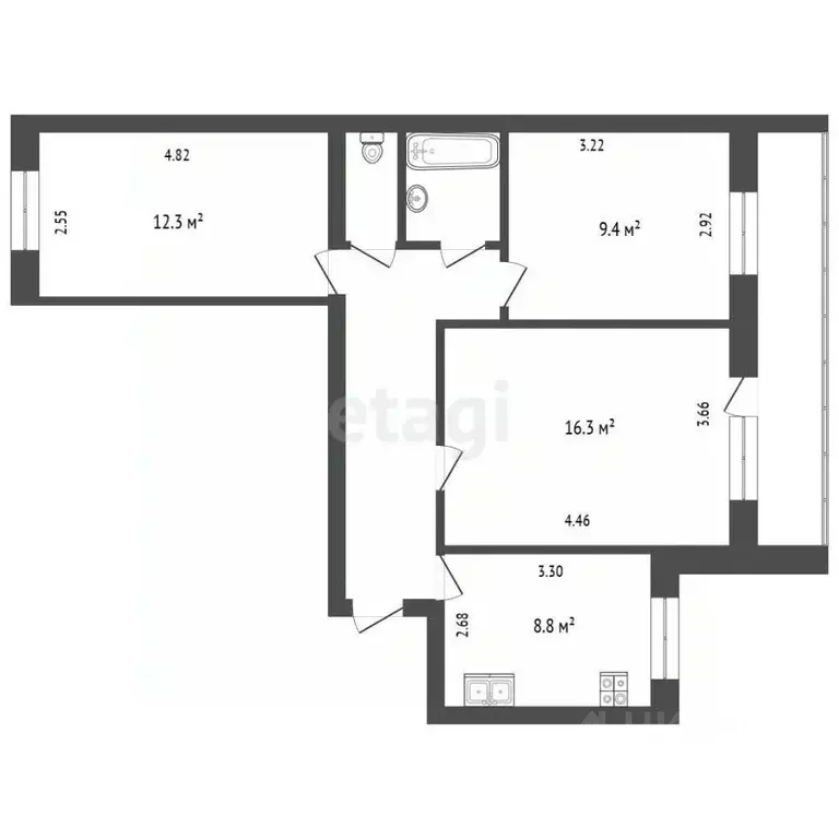 3-к кв. Тюменская область, Тюмень Харьковская ул., 48 (61.6 м) - Фото 2
