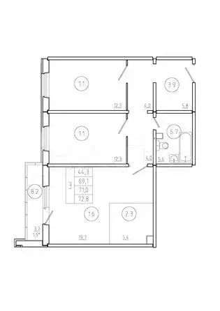 2-к. квартира, 71 м, 1/17 эт. - Фото 1