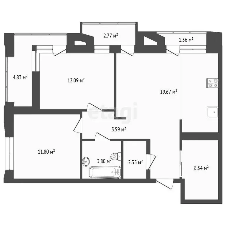 2-комнатная квартира: Тюмень, улица Судостроителей, 48 (63.84 м) - Фото 1