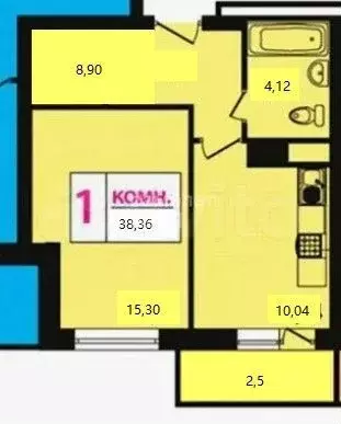 1-к. квартира, 38,3 м, 1/6 эт. - Фото 0