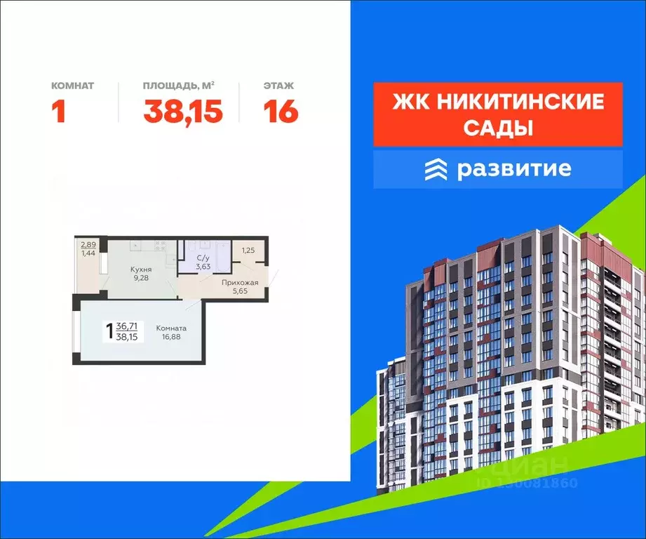 1-к кв. Воронежская область, Воронеж Никитинские сады жилой комплекс ... - Фото 1