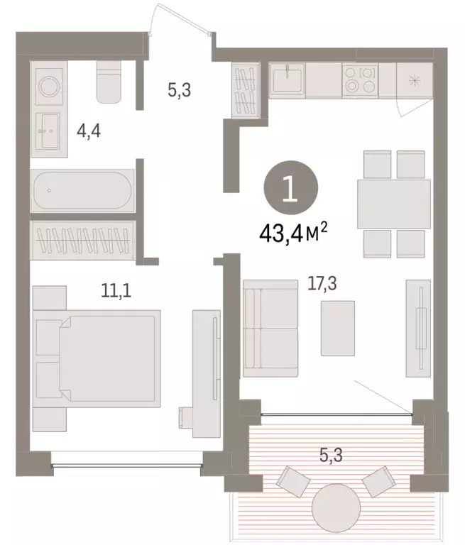 1-комнатная квартира: Тюмень, ЖК Дом у Озера (43.38 м) - Фото 1