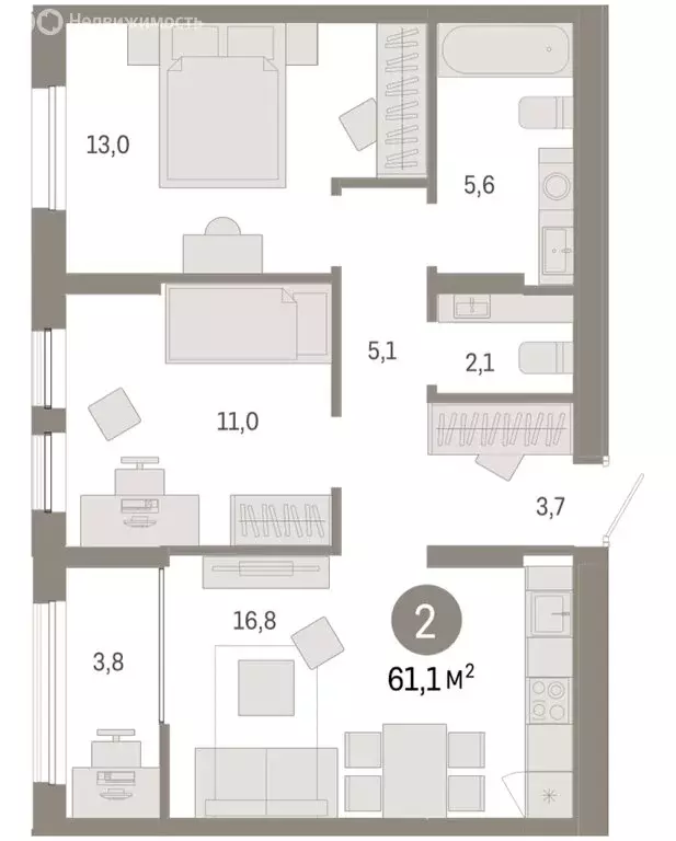 2-комнатная квартира: Тюмень, жилой комплекс Республики 205 (61.06 м) - Фото 1