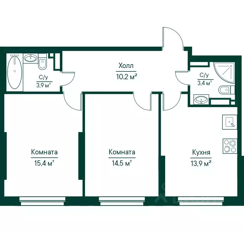 2-к кв. Самарская область, Самара Грин Ривер жилой комплекс (61.3 м) - Фото 1