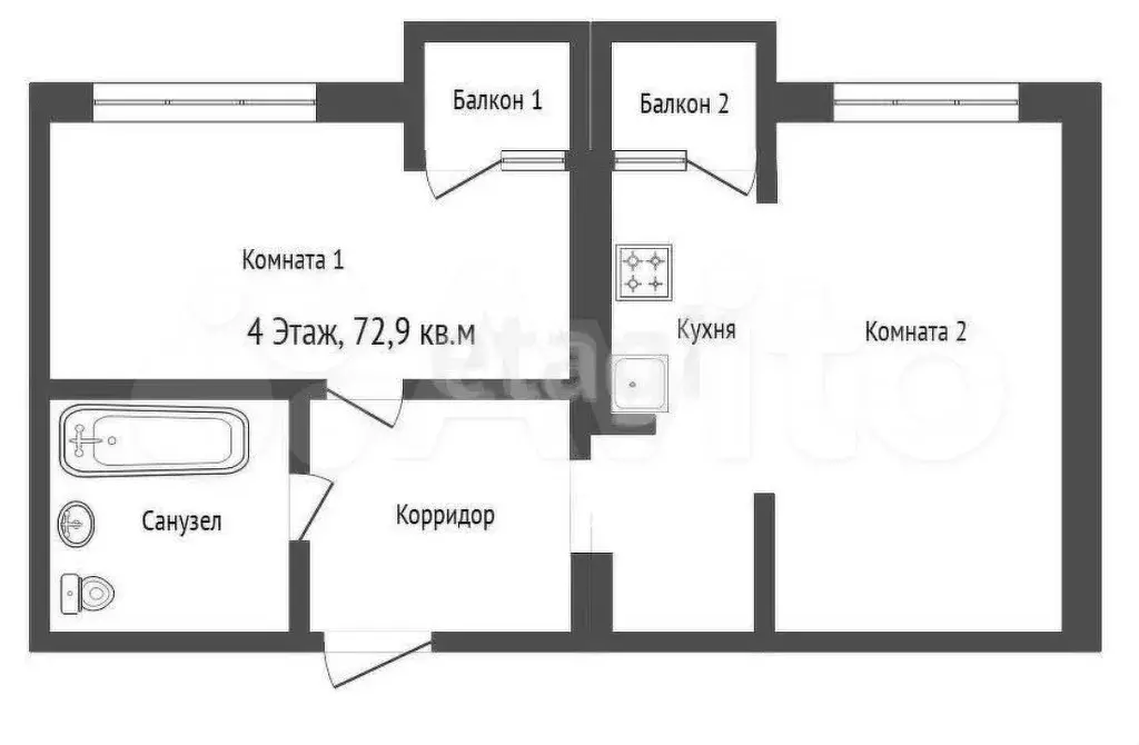 2-к. квартира, 72,9 м, 4/10 эт. - Фото 0