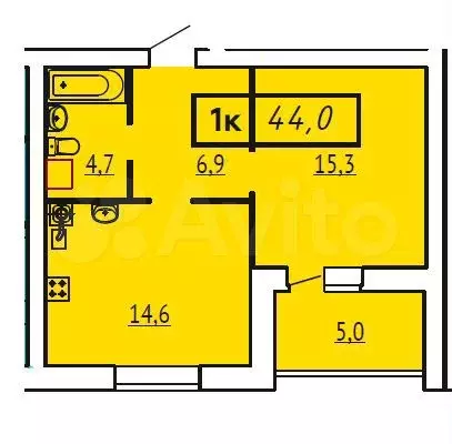 1-к. квартира, 44 м, 4/9 эт. - Фото 0