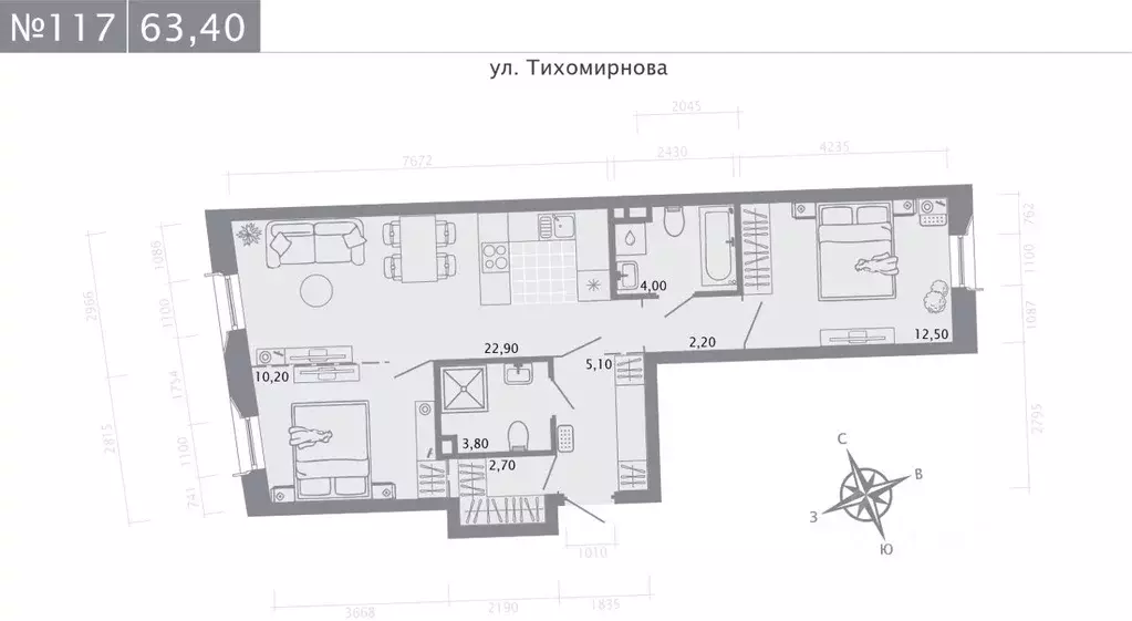 2-к кв. Татарстан, Казань ул. Волкова (63.4 м) - Фото 0