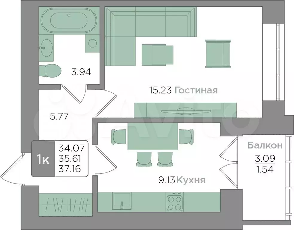 1-к. квартира, 35,6 м, 1/9 эт. - Фото 0