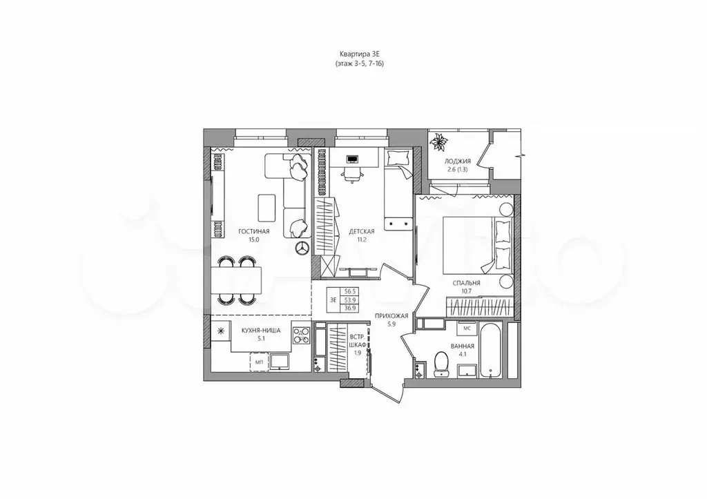 3-к. квартира, 55,2 м, 14/16 эт. - Фото 0