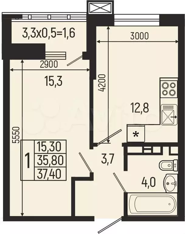 1-к. квартира, 37,4 м, 4/9 эт. - Фото 0