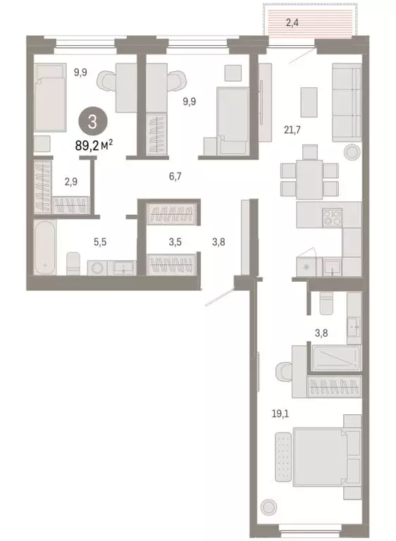 3-комнатная квартира: Тюмень, Мысовская улица, 26к2 (89.23 м) - Фото 1