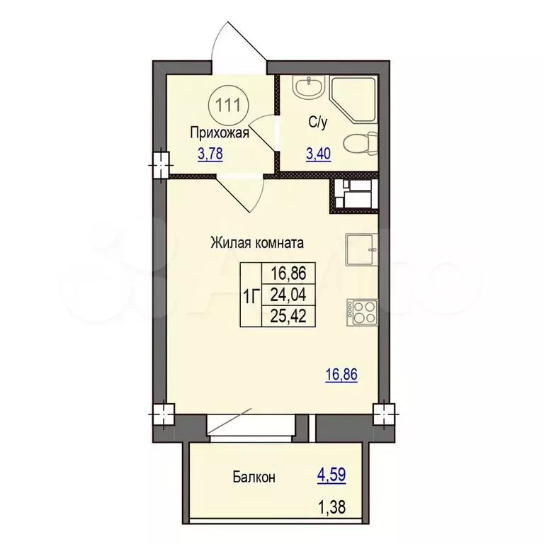 Квартира-студия, 25,4 м, 6/9 эт. - Фото 0