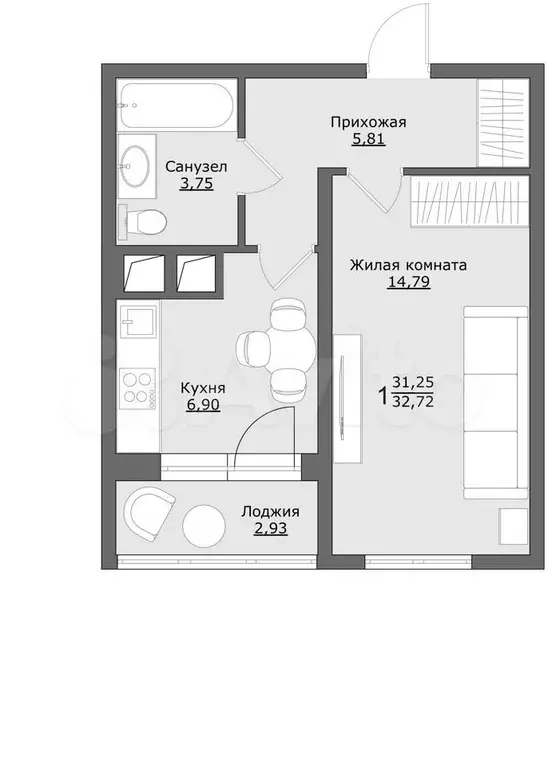 1-к. квартира, 32,7 м, 4/9 эт. - Фото 0