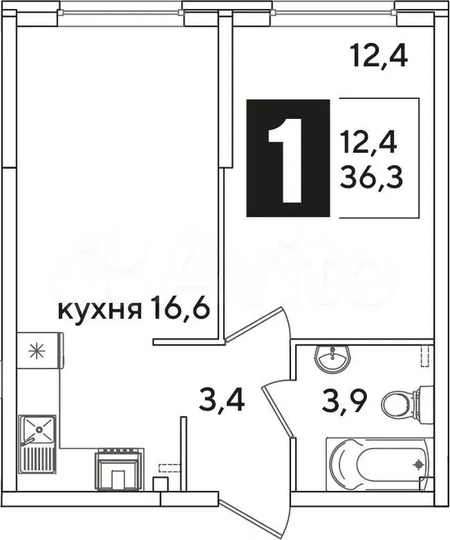 1-к. квартира, 36,3 м, 1/16 эт. - Фото 1