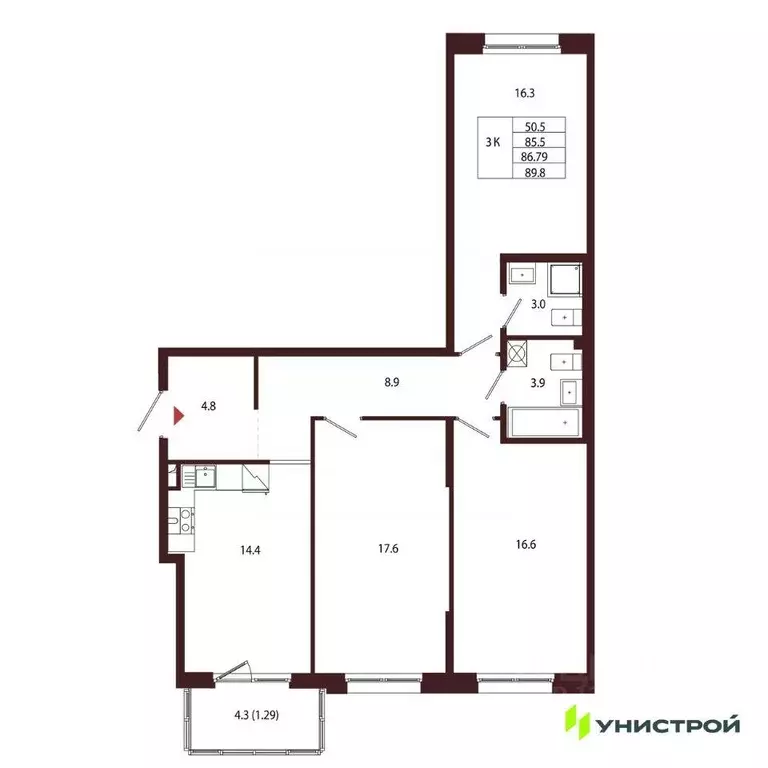 Квартира, 3 комнаты, 86.79 м - Фото 1