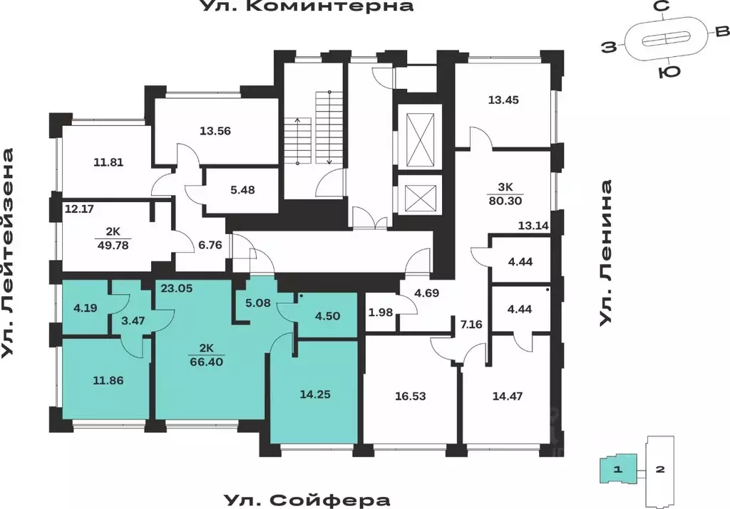 2-к кв. Тульская область, Тула Прайм Сойфера жилой комплекс (66.4 м) - Фото 2