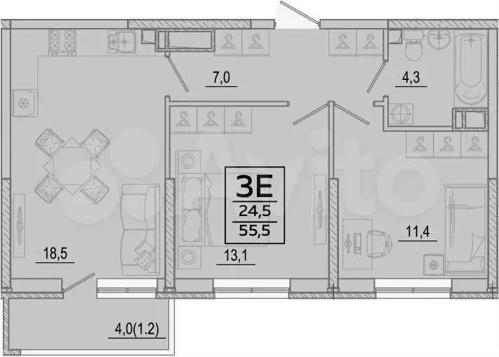 2-к. квартира, 55,5м, 21/24эт. - Фото 1