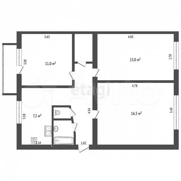 3-к. квартира, 58,9 м, 4/5 эт. - Фото 0
