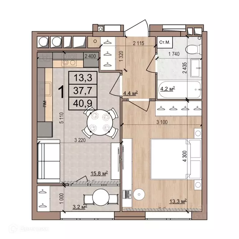 1-к кв. Рязанская область, Рязань Медицинская ул., 3 (40.9 м) - Фото 2