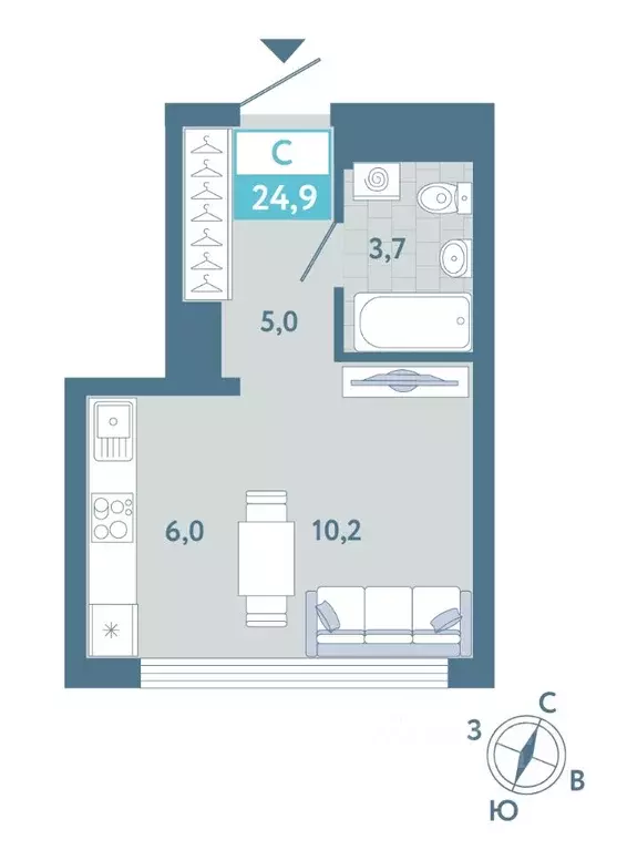 Студия Тюменская область, Тюмень Айрис жилой комплекс (24.9 м) - Фото 1