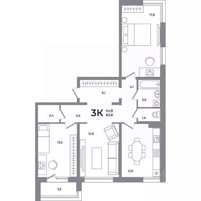 3-к кв. Новосибирская область, Новосибирск Беловежский мкр,  (83.0 м) - Фото 0