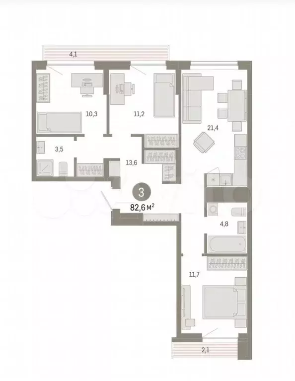 3-к. квартира, 82,6 м, 3/9 эт. - Фото 0