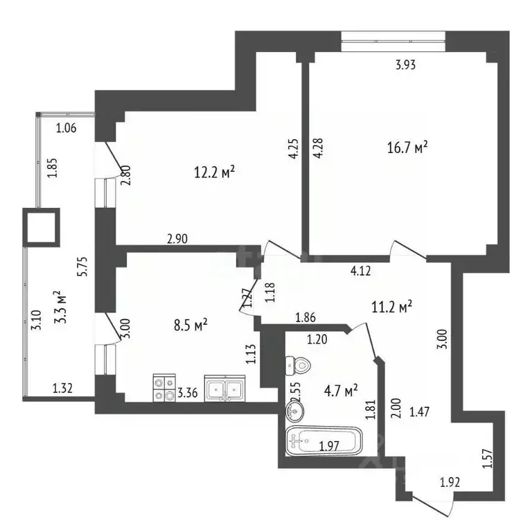 2-к кв. Ростовская область, Батайск Октябрьская ул., 149В (53.3 м) - Фото 2