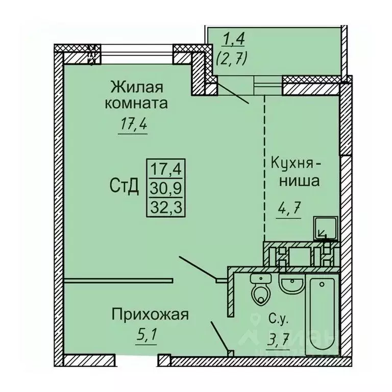 Студия Новосибирская область, Новосибирск ул. Бородина, 54 (32.4 м) - Фото 0