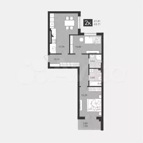 2-к. квартира, 63,7 м, 3/4 эт. - Фото 1