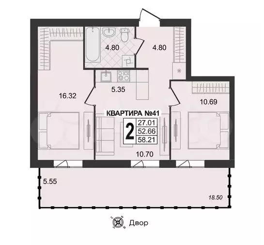 2-к. квартира, 58,2 м, 1/4 эт. - Фото 1