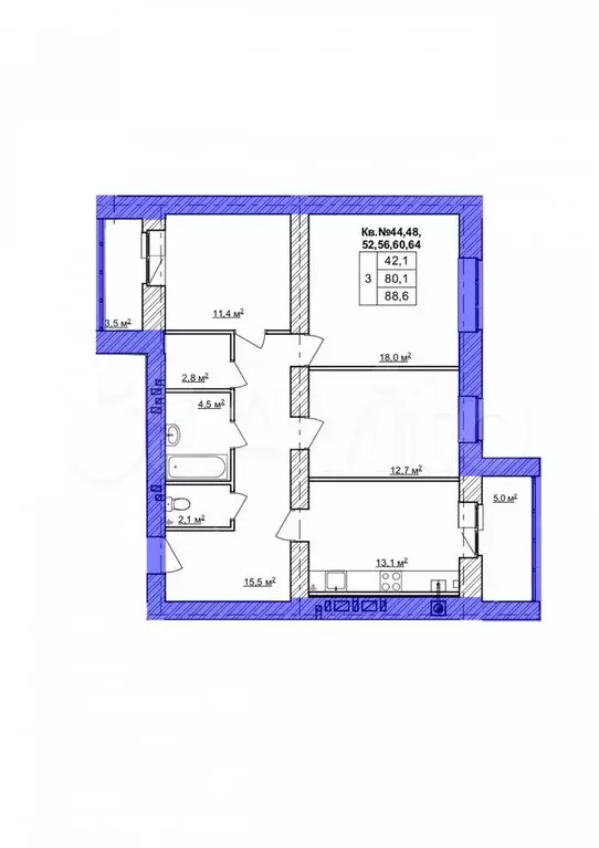 3-к. квартира, 88,6 м, 5/9 эт. - Фото 0