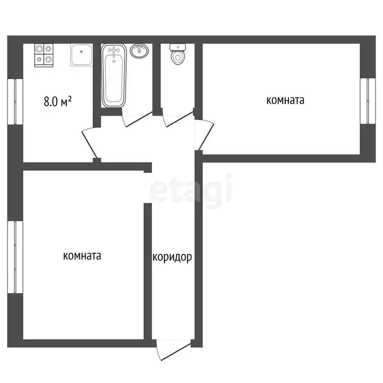 Квартира, 2 комнаты, 45.6 м - Фото 1