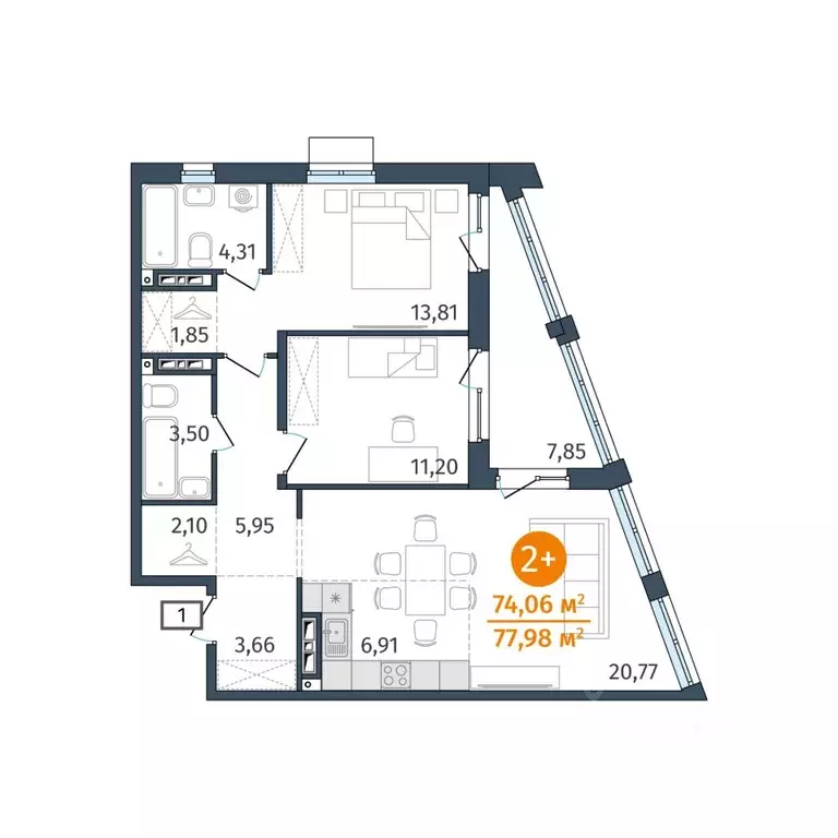 2-к кв. Тюменская область, Тюмень ул. Тимофея Кармацкого, 17 (74.06 м) - Фото 0