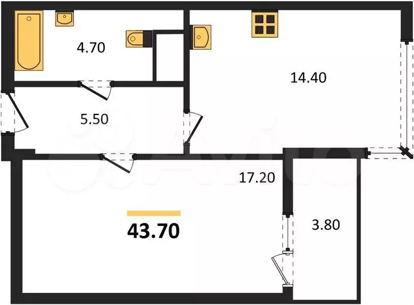 1-к. квартира, 43,7 м, 2/4 эт. - Фото 1