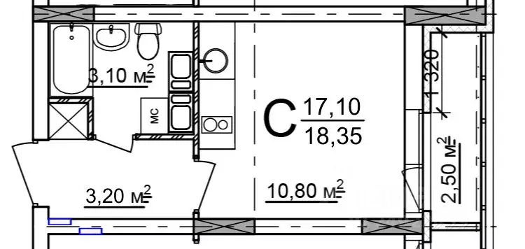 Студия Нижегородская область, Нижний Новгород 52-й кв-л,  (18.35 м) - Фото 0