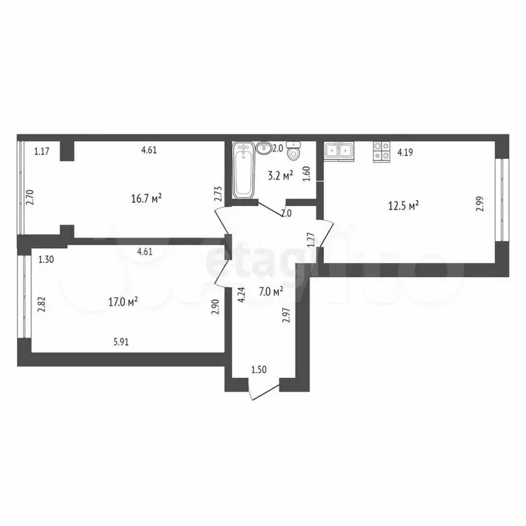 2-к. квартира, 56,4 м, 2/3 эт. - Фото 0