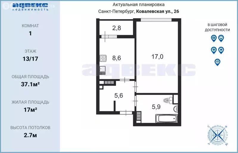 1-комнатная квартира: Санкт-Петербург, Ковалёвская улица, 26 (37.1 м) - Фото 1