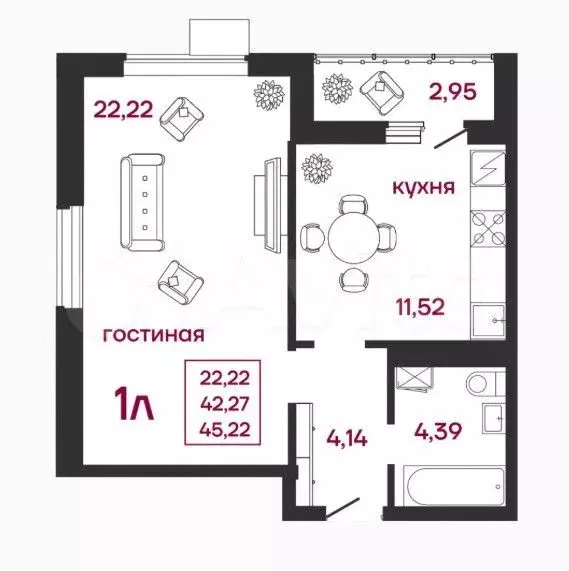 1-к. квартира, 45,2 м, 3/17 эт. - Фото 0
