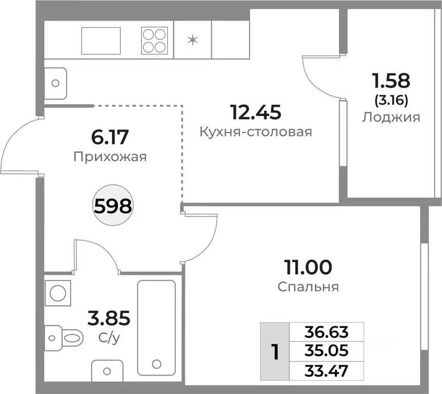 1-к кв. Калининградская область, Калининград Пригородная ул. (35.05 м) - Фото 0