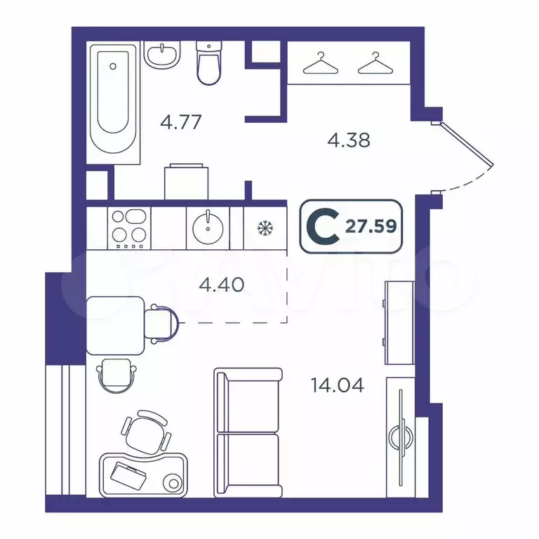 Квартира-студия, 27,6 м, 1/10 эт. - Фото 1