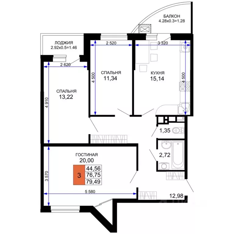 3-к кв. Адыгея, Майкоп  (79.49 м) - Фото 1